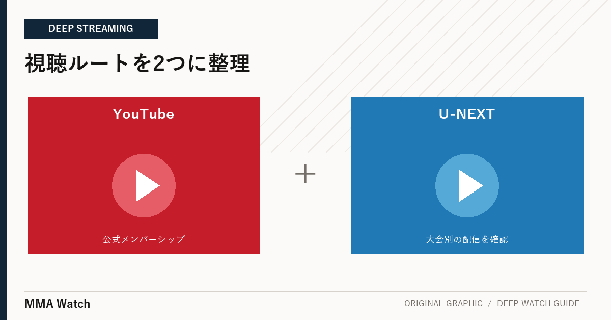 赤と青の2つの視聴経路が同じ格闘技会場へつながるイメージ
